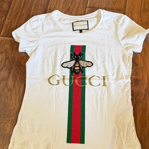 Gucci White Tee with Bee and Green-Red Stripe